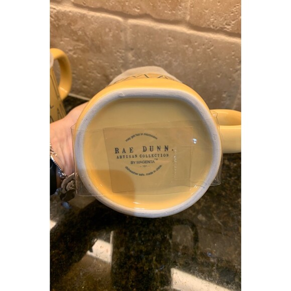 Rae Dunn “LOVE IS HUMAN” Yellow Coffee Tea Mug with Hearts Topper - NEW - Picture 2 of 2